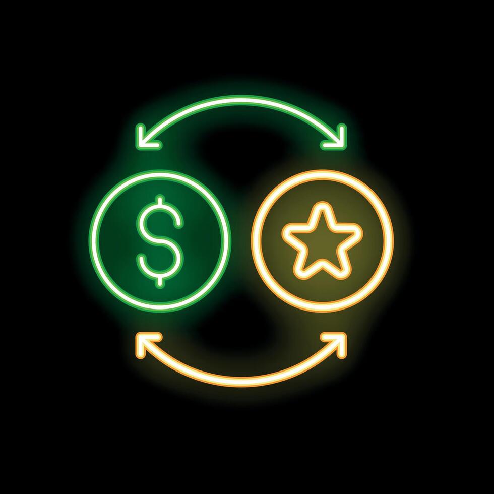 Neon icon showing exchanging money for star illustrating concept of buying followers vector