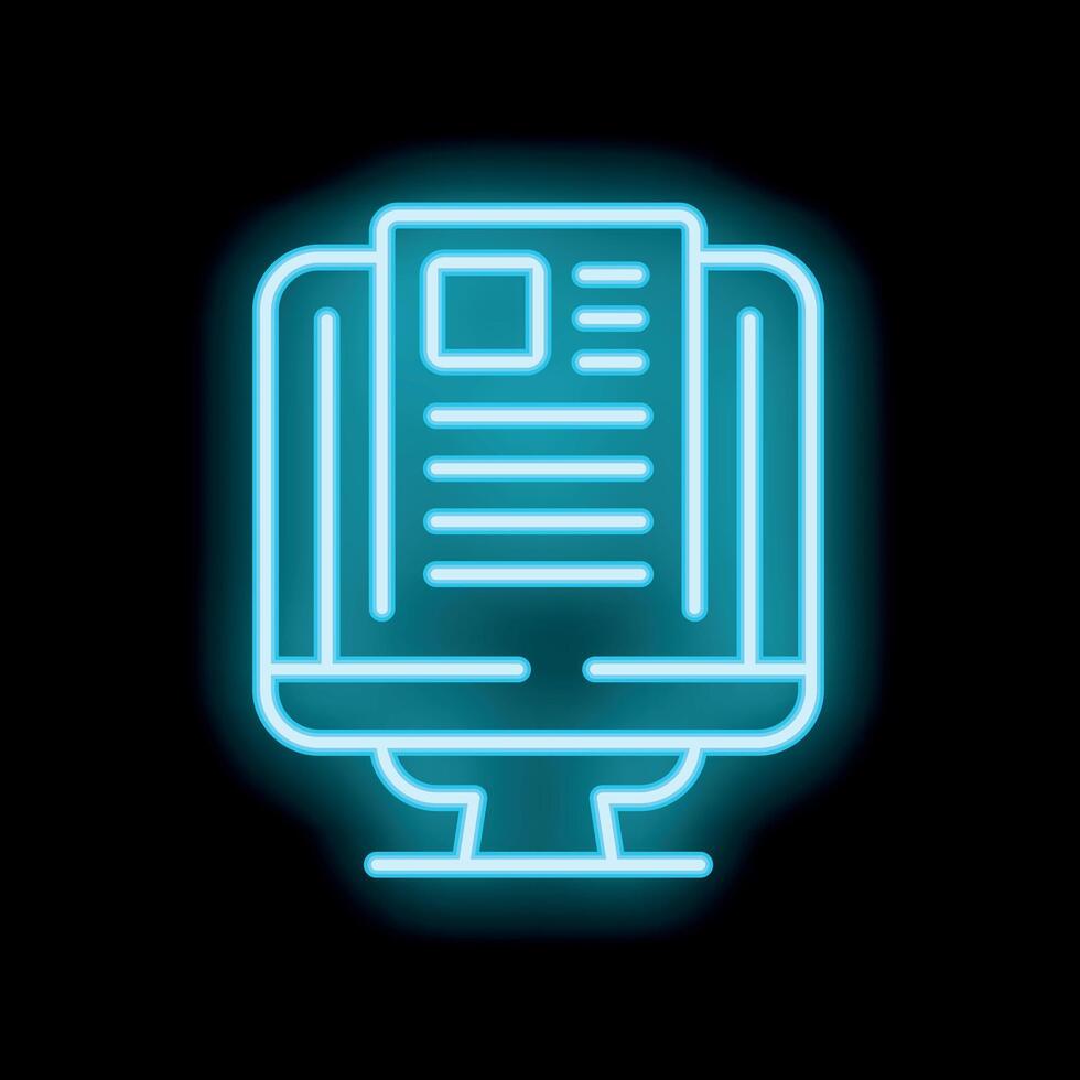 Neon icon of computer displaying document for online reading experience vector