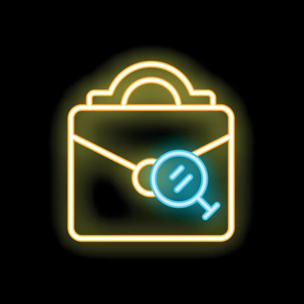 Neon icon of magnifying glass resting on briefcase representing job search vector