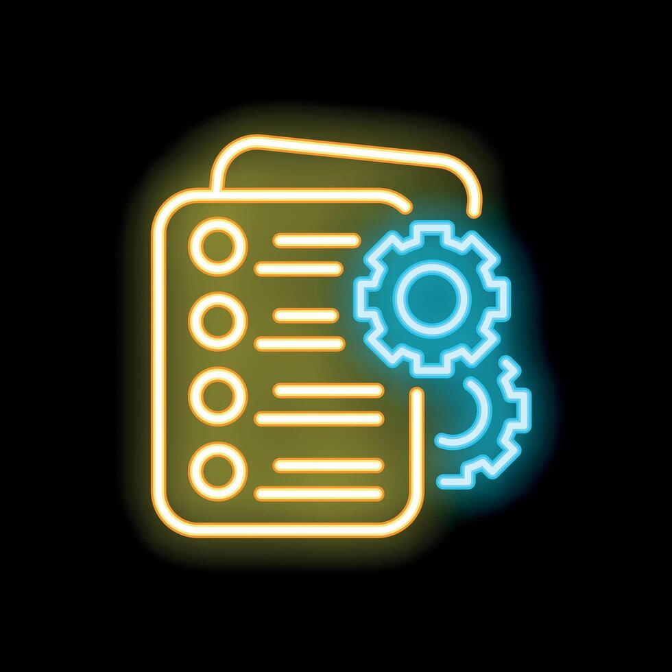 Neon icon of gears optimizing a checklist for project management efficiency vector