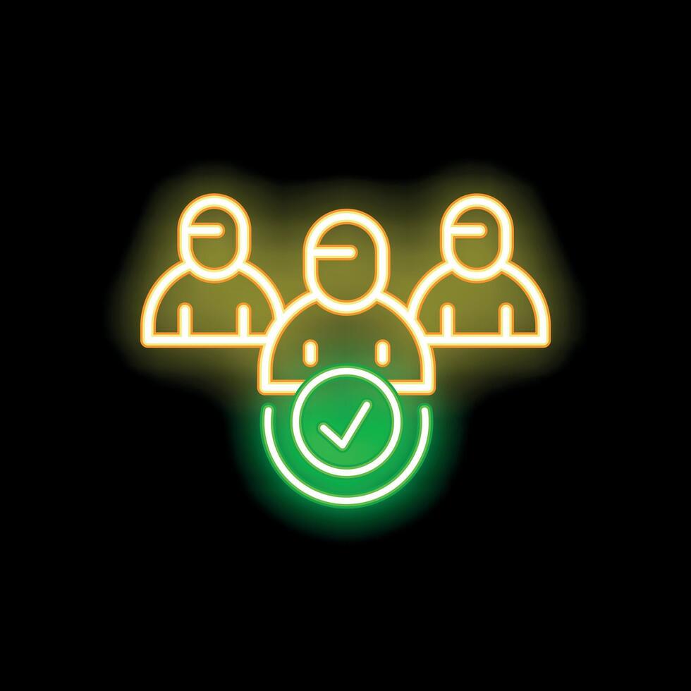 Neon icon of three people and a check mark representing a successful team vector