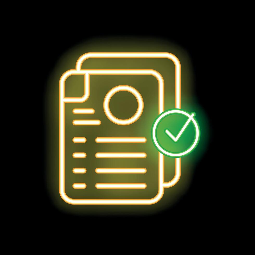 Neon icon of documents being approved with green check mark vector