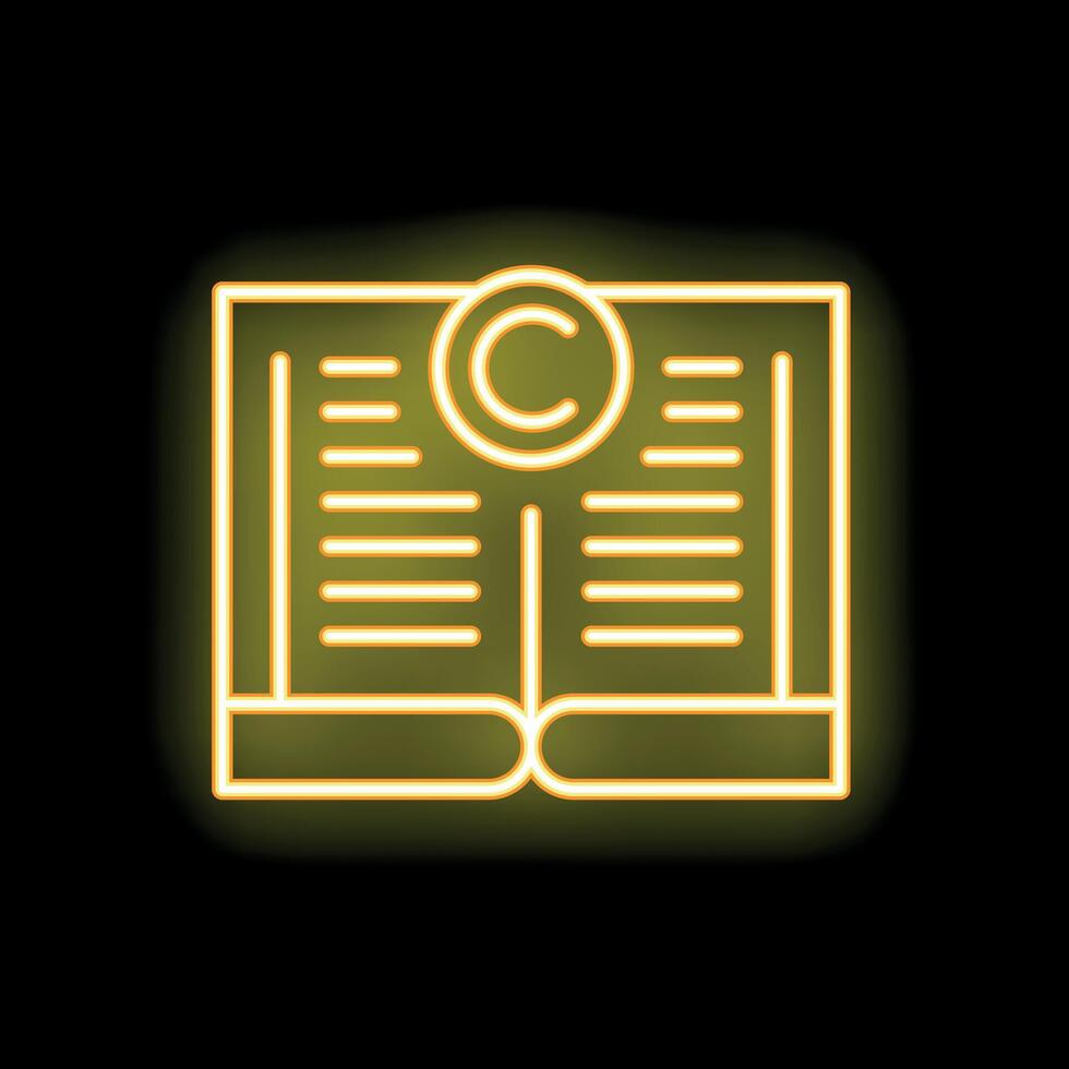 Neon yellow copyright symbol on open book icon glowing on black background vector