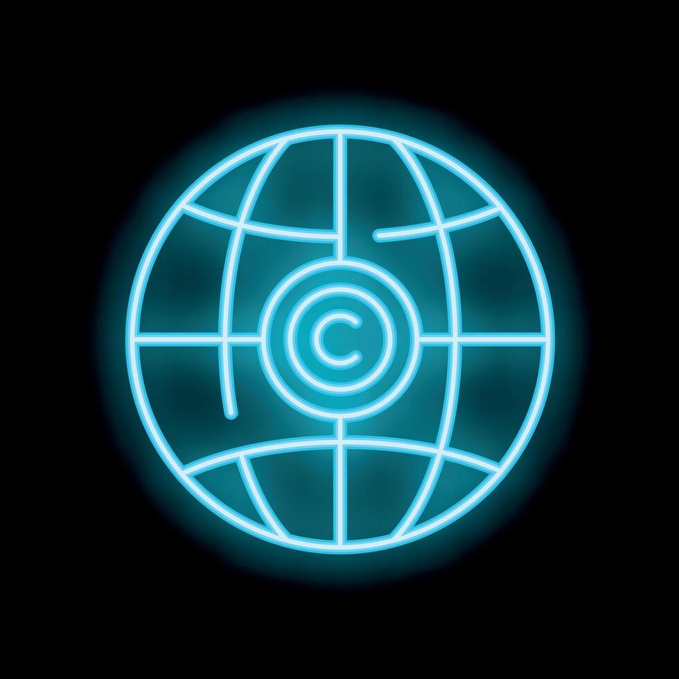 Blue neon copyright symbol over globe icon representing worldwide copyright protection vector
