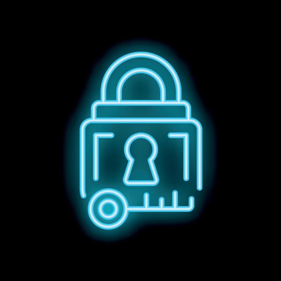 Blue neon padlock symbolising security on black background vector