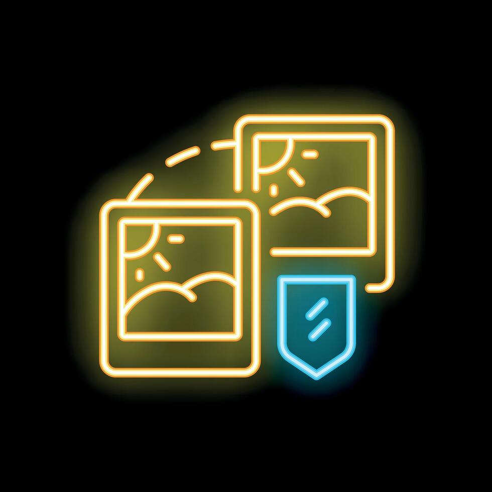 Neon icon of two photos being shared securely with a lock vector
