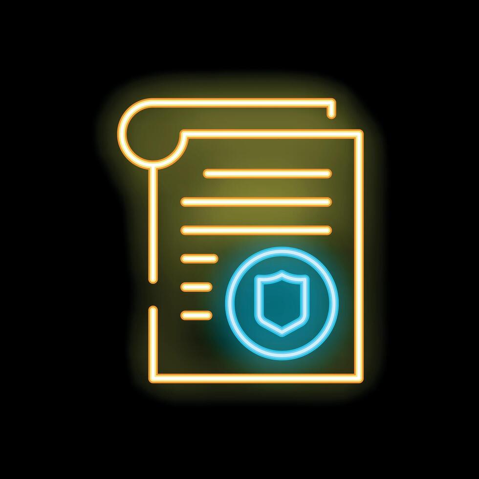 Neon icon of official document with stamp, security shield, agreement or contract vector
