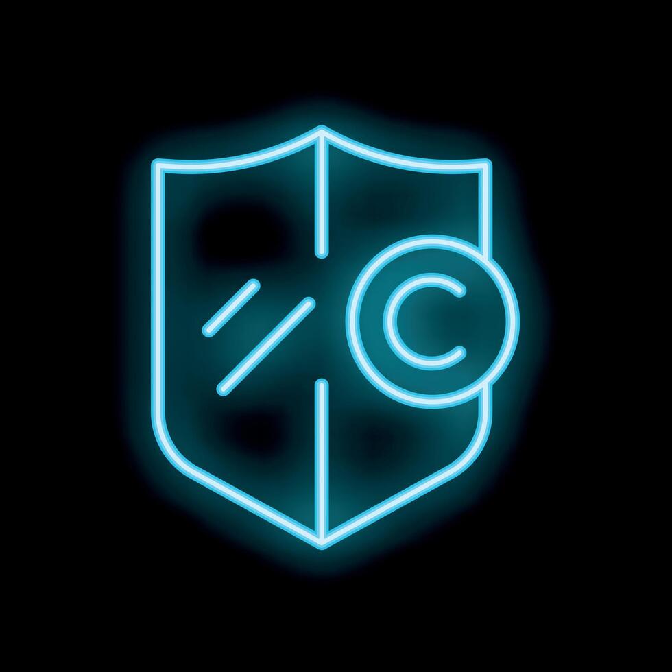 Neon blue shield protecting copyright symbol on black background vector