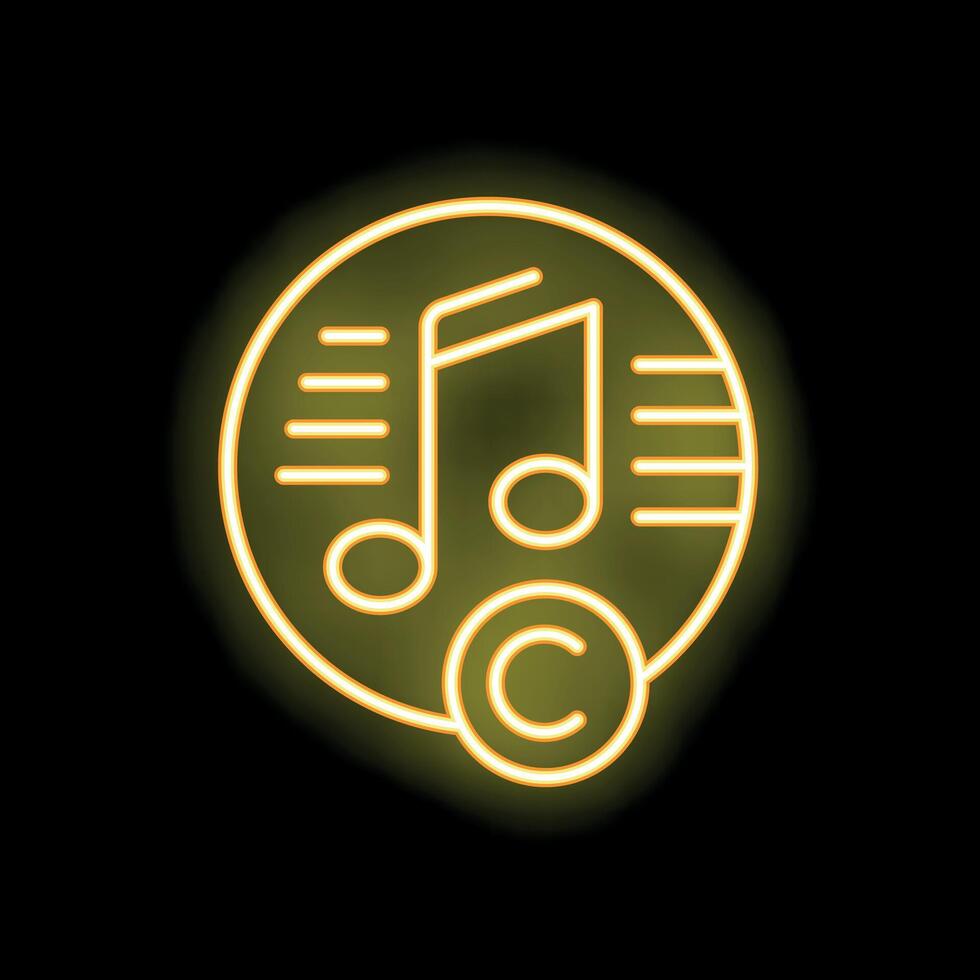Yellow neon icon showing copyright of music track vector