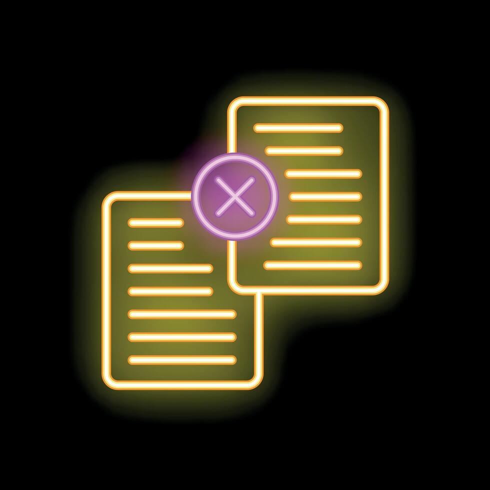 Neon icon of two documents with delete symbol representing data erasure vector