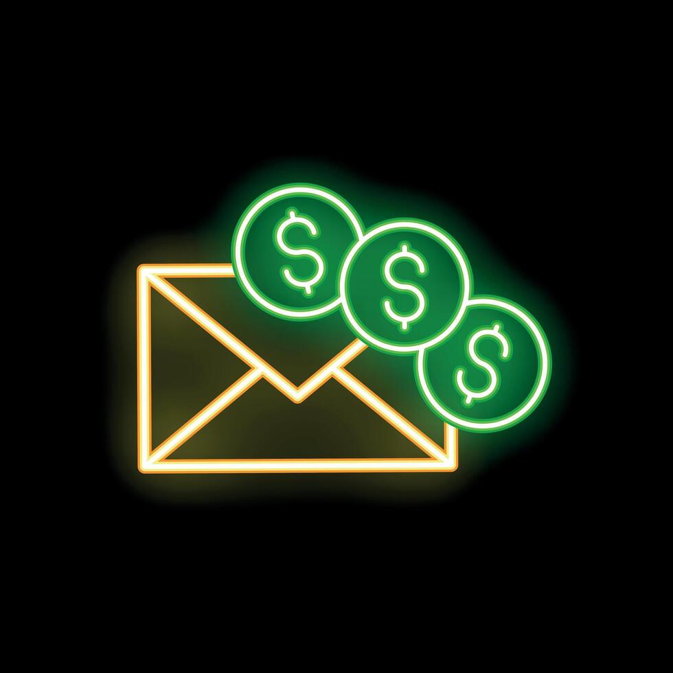 Neon envelope icon with dollar coins representing online banking and payment vector