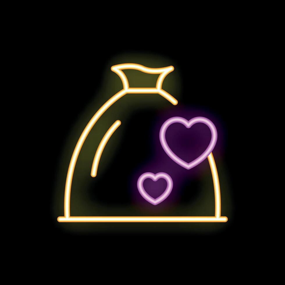 Neon icon of bag containing hearts representing charity and donation vector