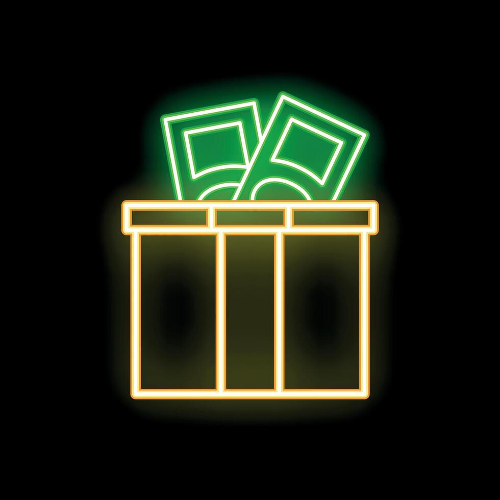 Neon sign representing money donation with banknotes and box on black background vector