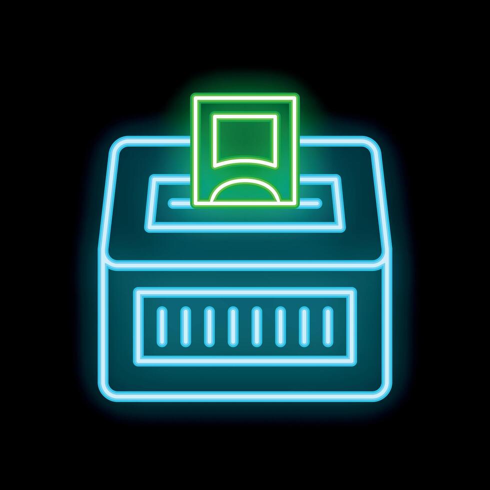 Neon sign of ballot box with voting ticket on black background vector