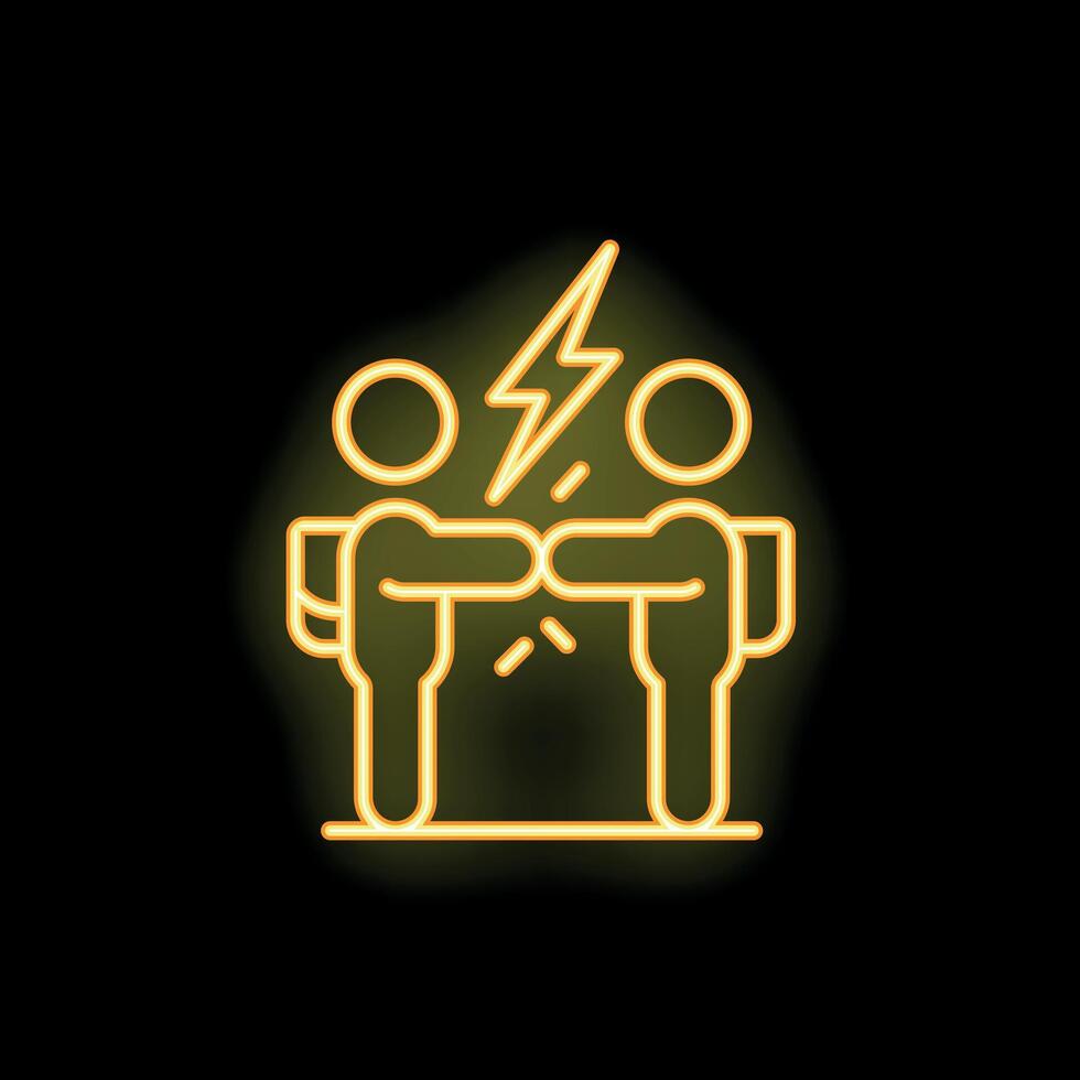 Two businessmen fighting and pushing each other with neon light effect vector