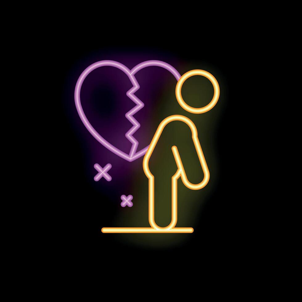 Lonely man standing near broken heart neon sign vector