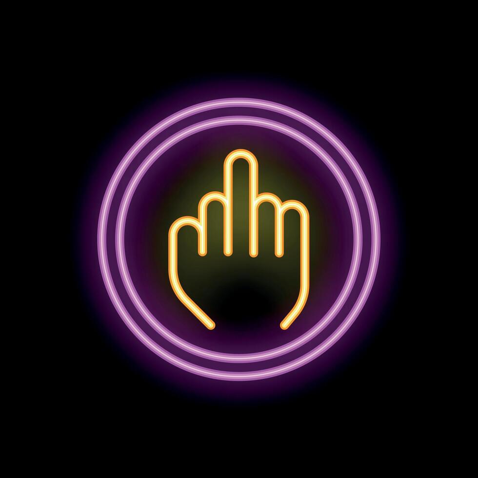 Neon sign showing middle finger inside a circle on black background vector