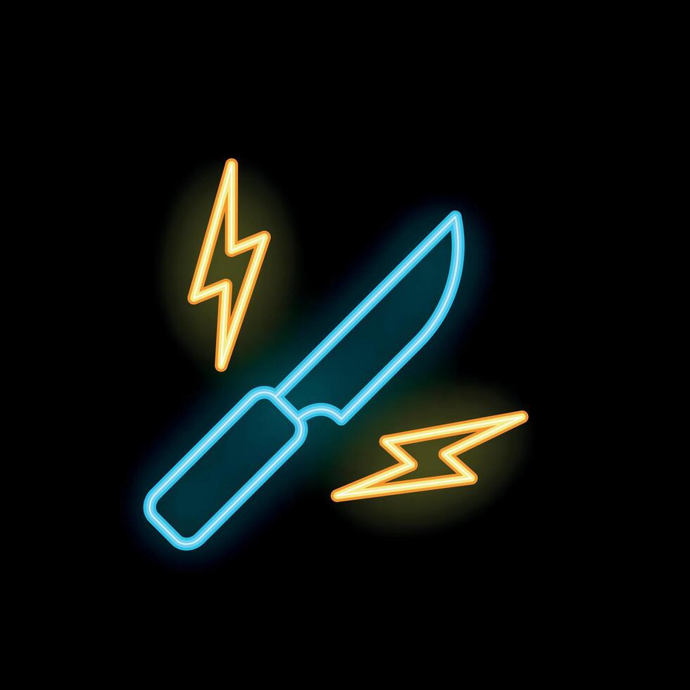 Neon knife surrounded by lightning bolts on black background vector
