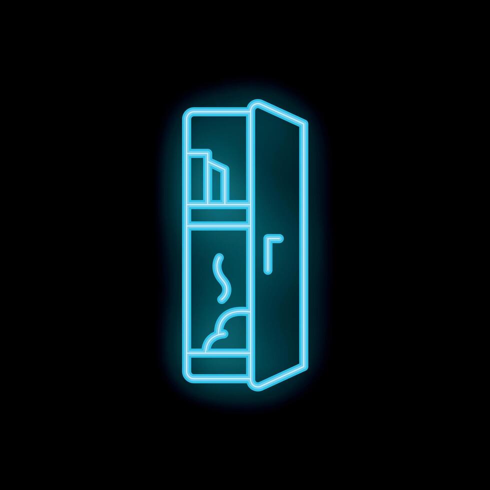 Glowing neon icon of refrigerator with open door on black background vector