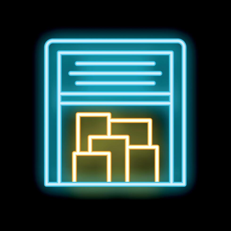 Neon blue storage room icon with yellow boxes on black background vector