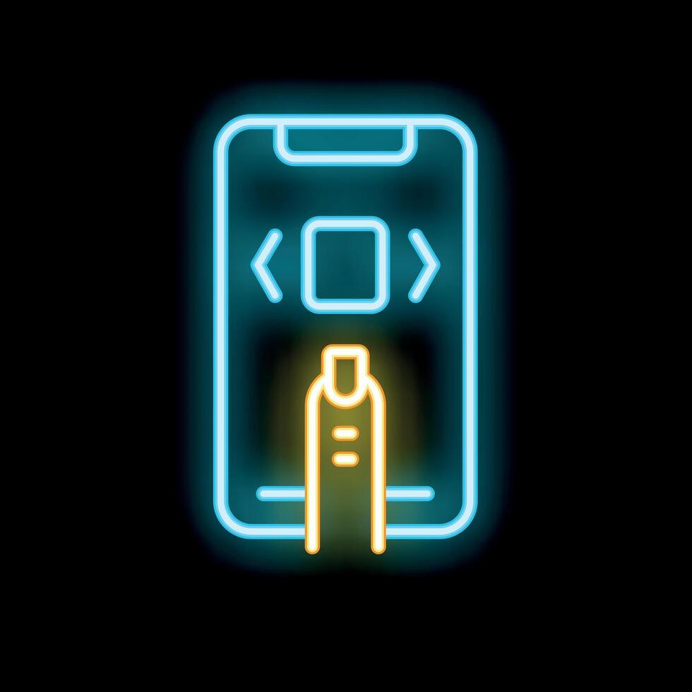 Neon icon of finger touching smartphone screen for mobile app design vector