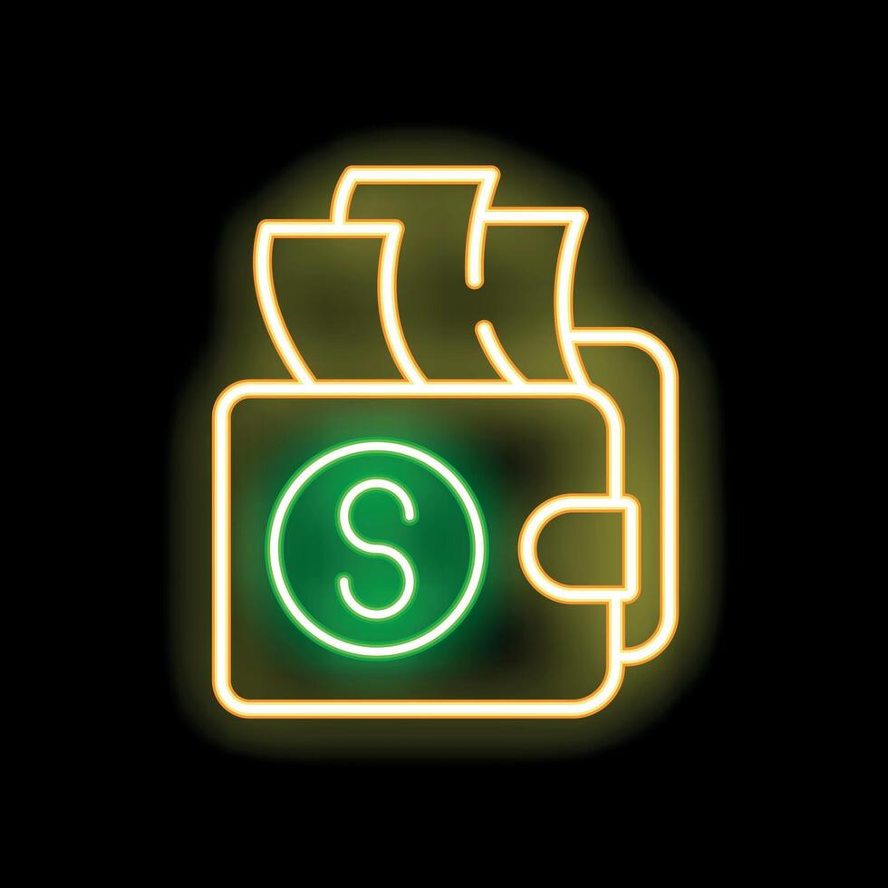 Neon wallet full of money glowing on dark background vector