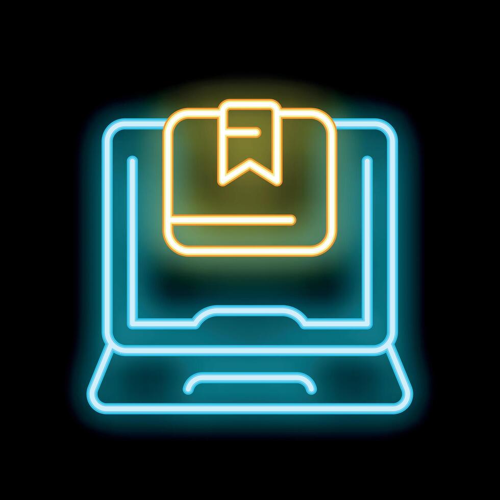 Neon sign showing laptop displaying a package with a bookmark for online shopping and ecommerce vector