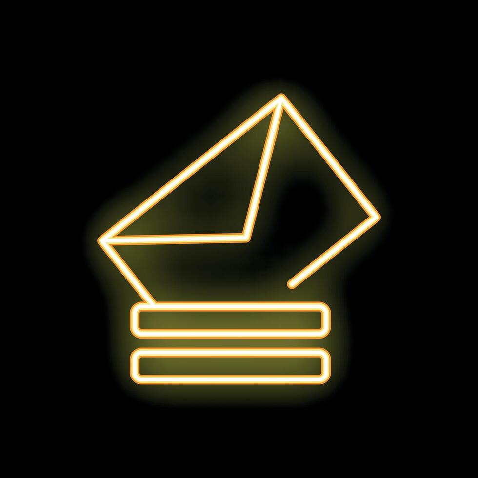 Neon yellow envelope icon resting on stack of papers on black background vector