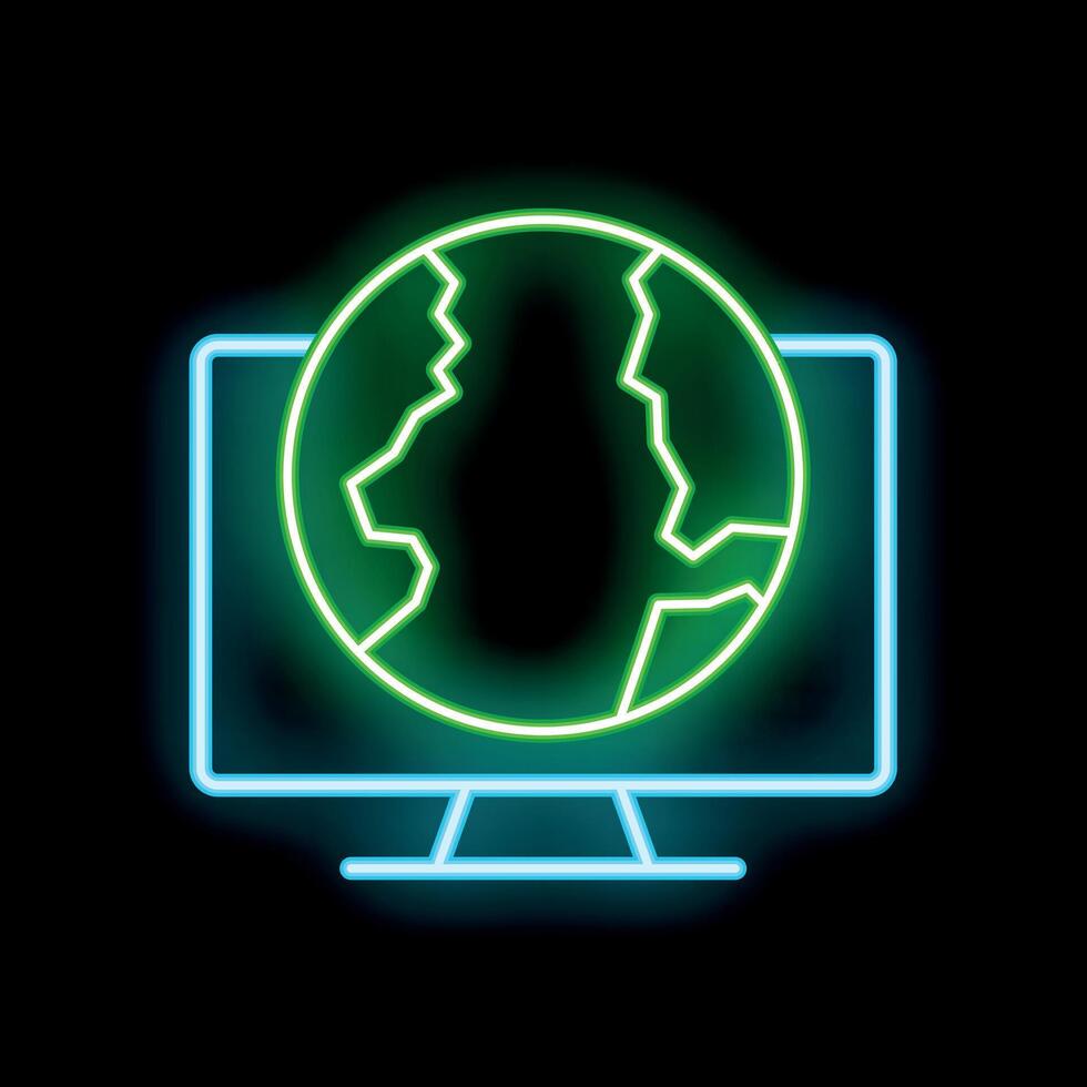 Neon green earth displayed on blue neon computer monitor vector