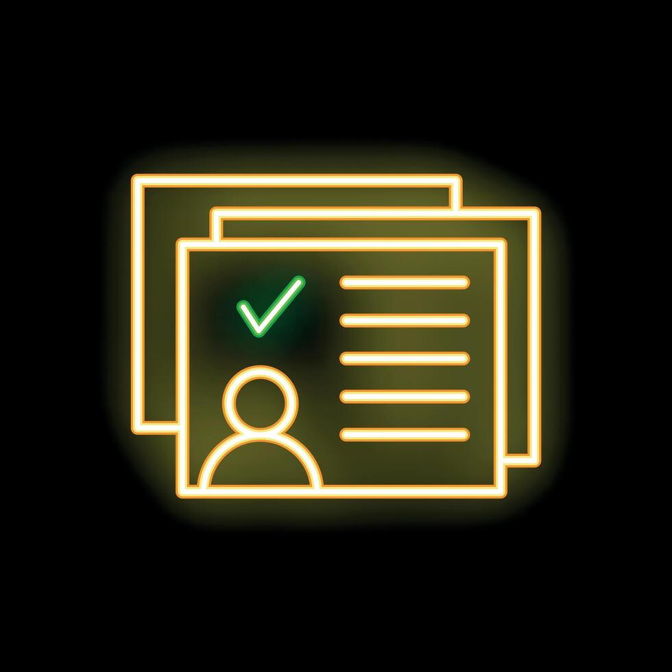 Neon icon of curriculum vitae with check mark on black background vector