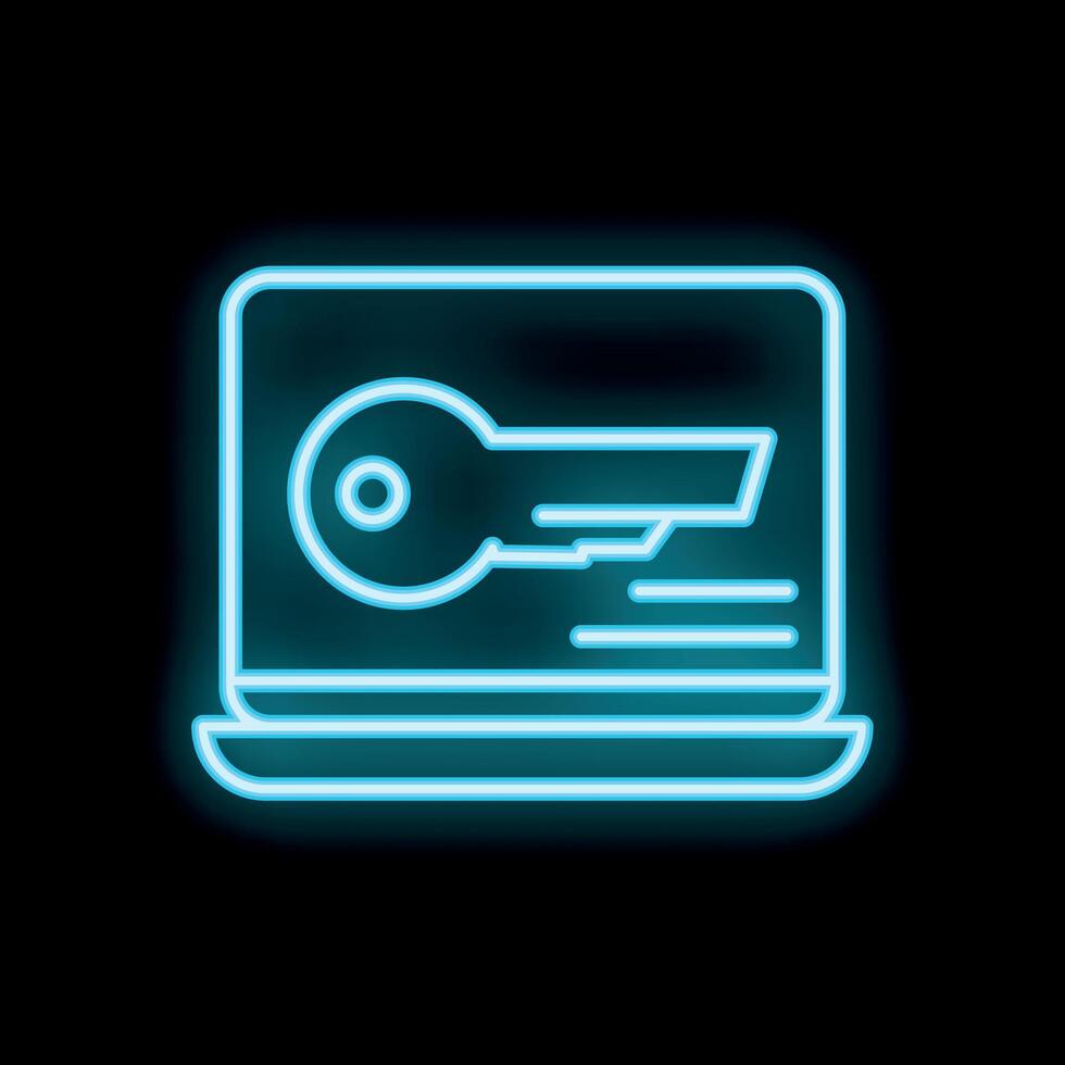 Neon blue key inside laptop screen symbolizing security vector
