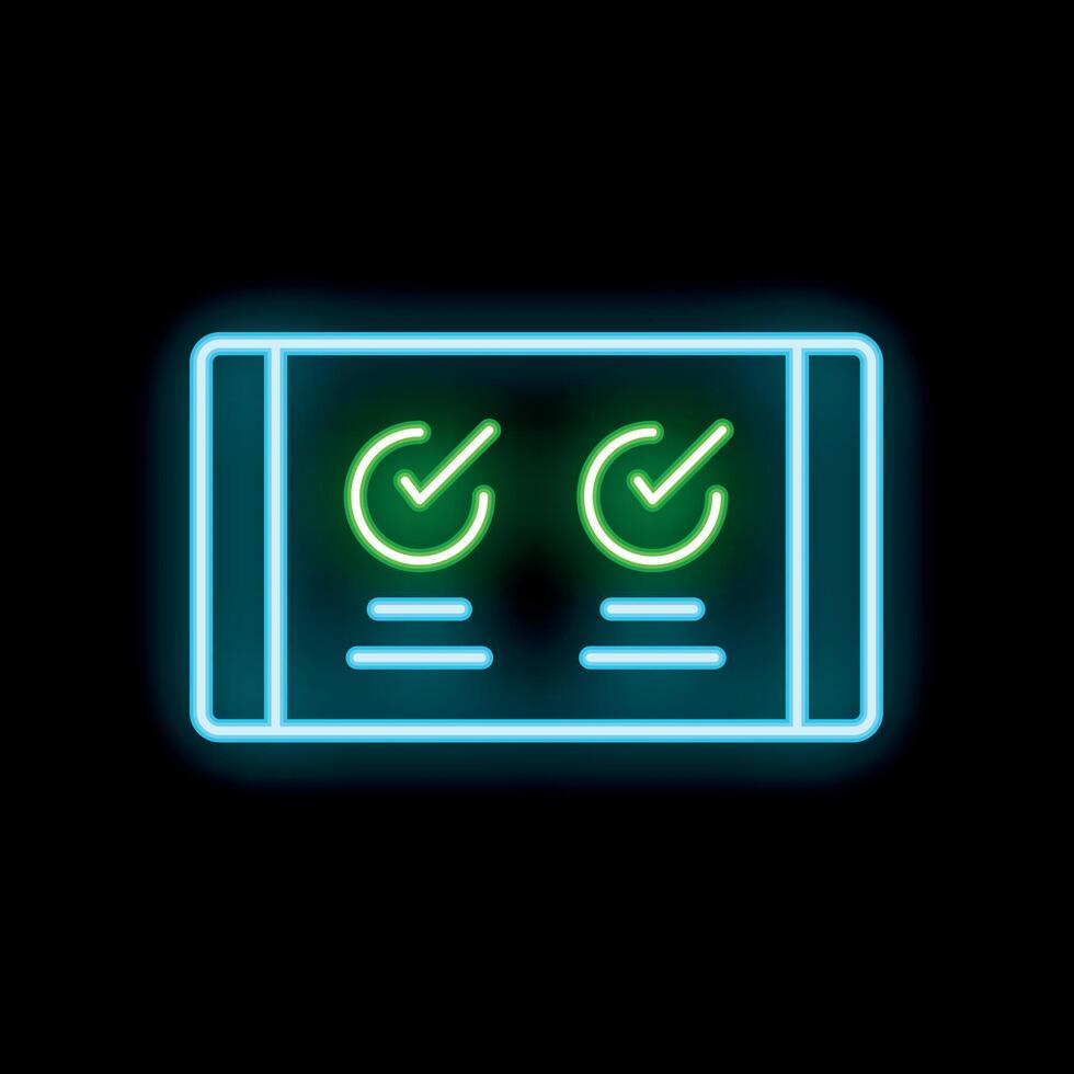 Neon icon of tablet showing checkmarks on checklist for task management and productivity vector