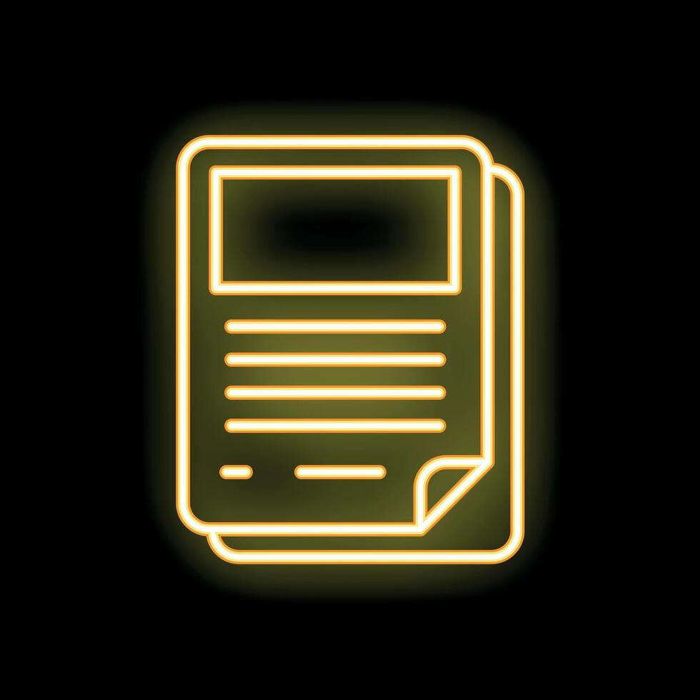 Glowing neon icon of documents with folded corner on black brick wall vector