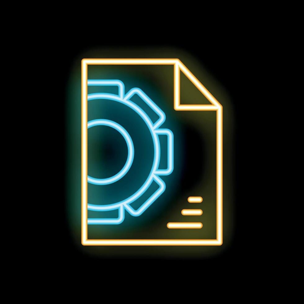 Neon icon of document page with cogwheel representing project management vector
