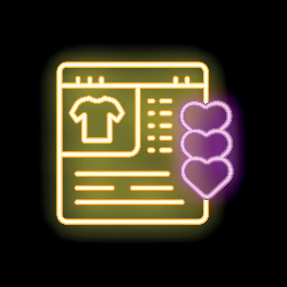 Neon icon of online shop website page with three hearts for like button vector