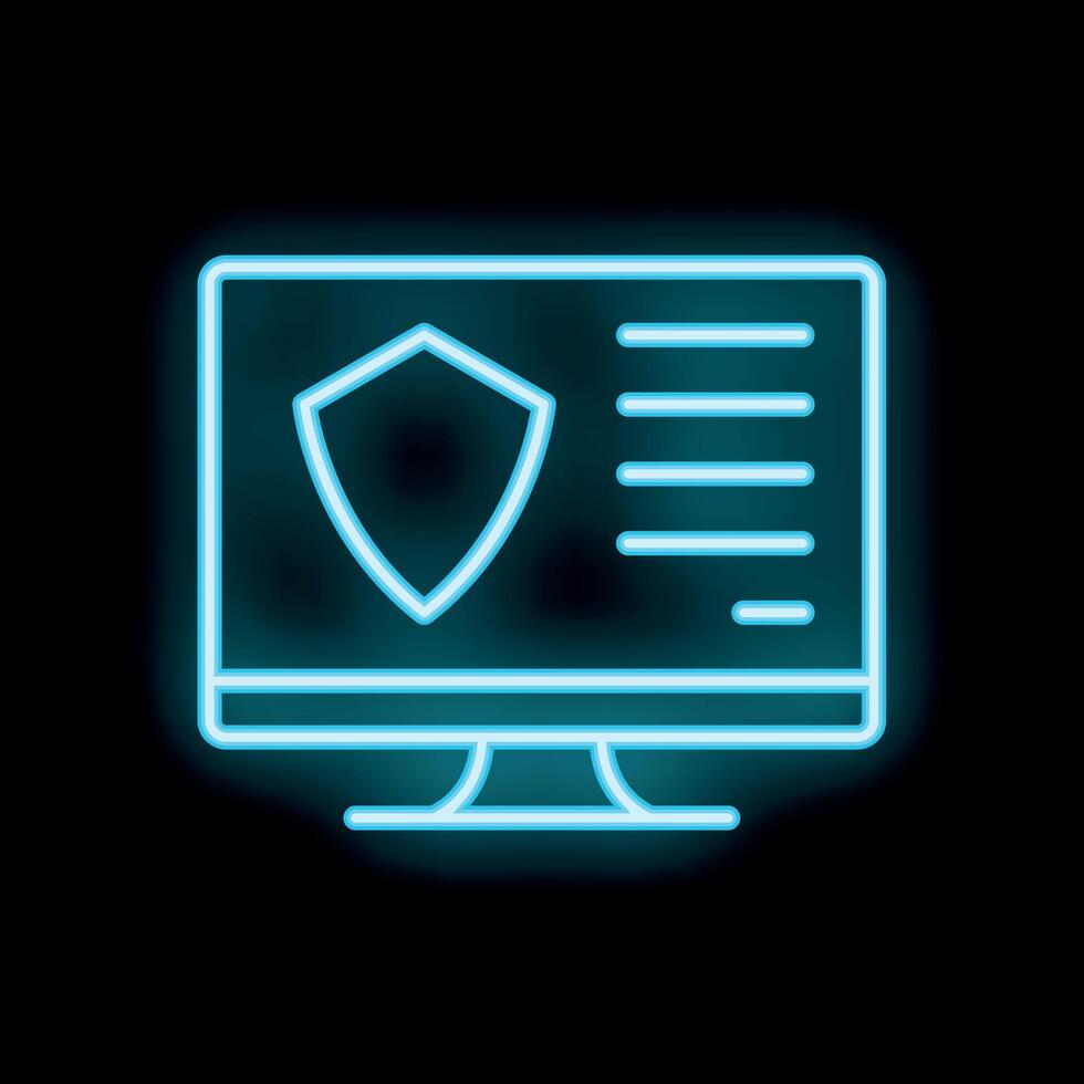 Neon blue desktop computer icon displaying security shield for data protection vector