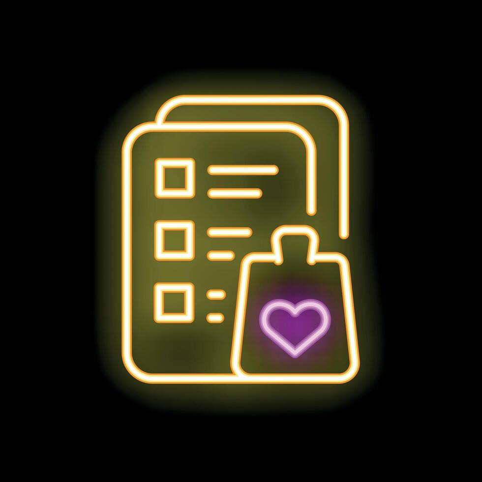 Neon icon of shopping wish list with heart representing desired products vector