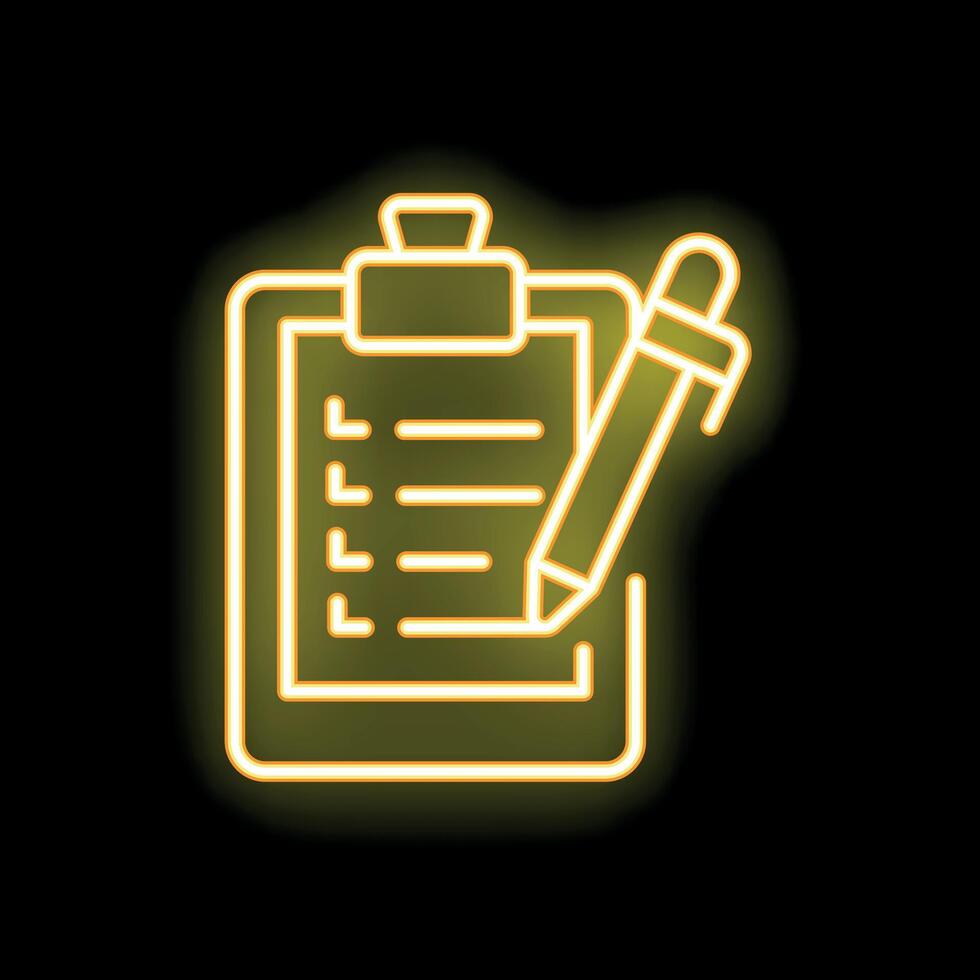 Neon yellow clipboard with checklist and pen icon glowing on black background vector