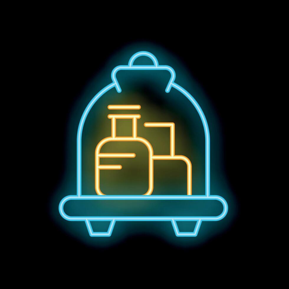 Neon icon of luggage cart with suitcases waiting for bellhop in hotel lobby vector