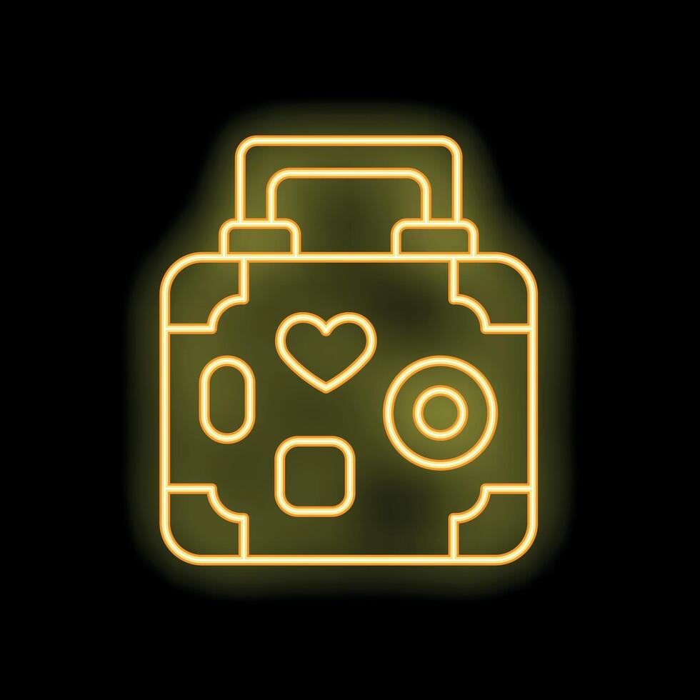 Yellow neon suitcase glowing on dark background vector