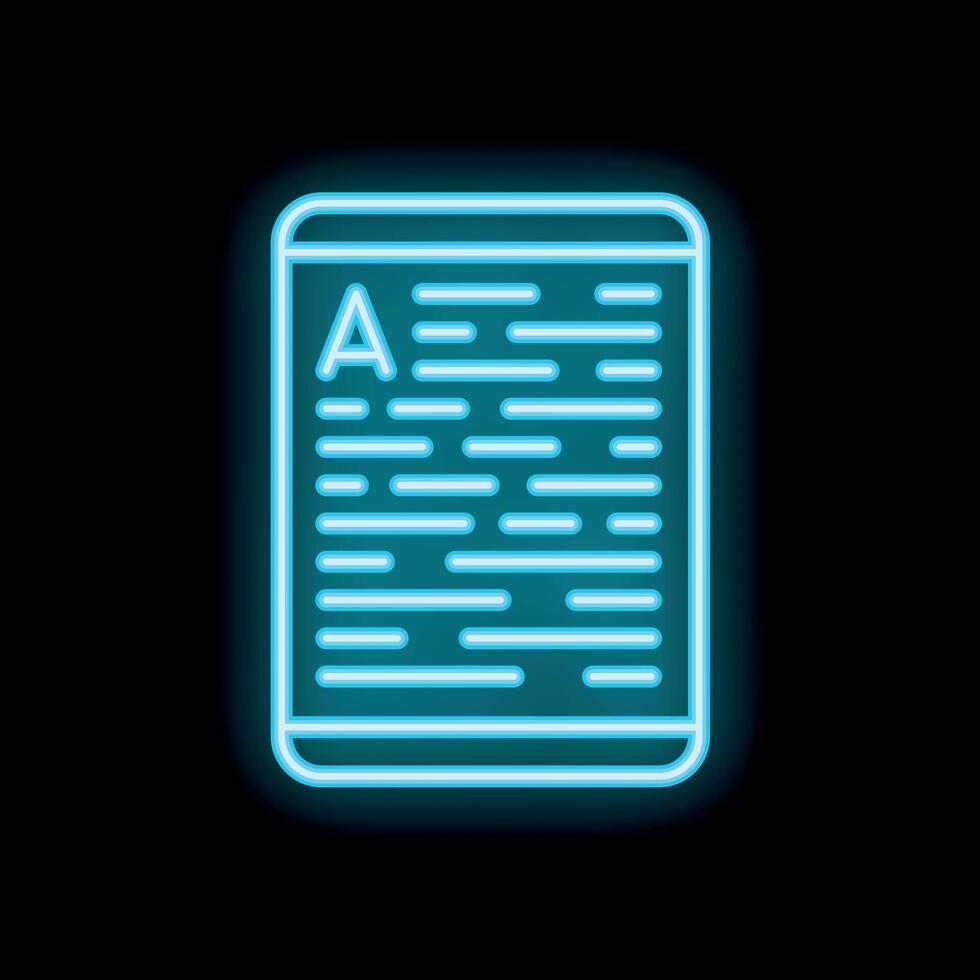 Neon icon of tablet displaying text document for digital reading vector
