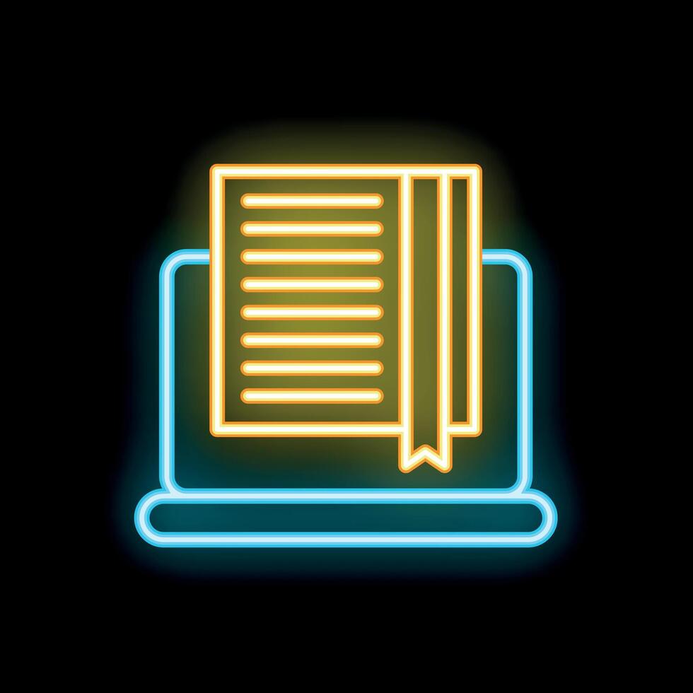 Neon online education icon with open book on laptop screen vector