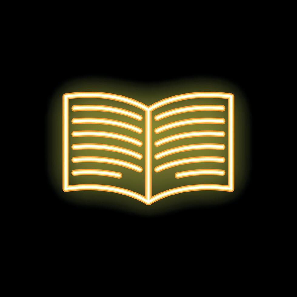 Bright yellow neon open book icon glowing on black background vector