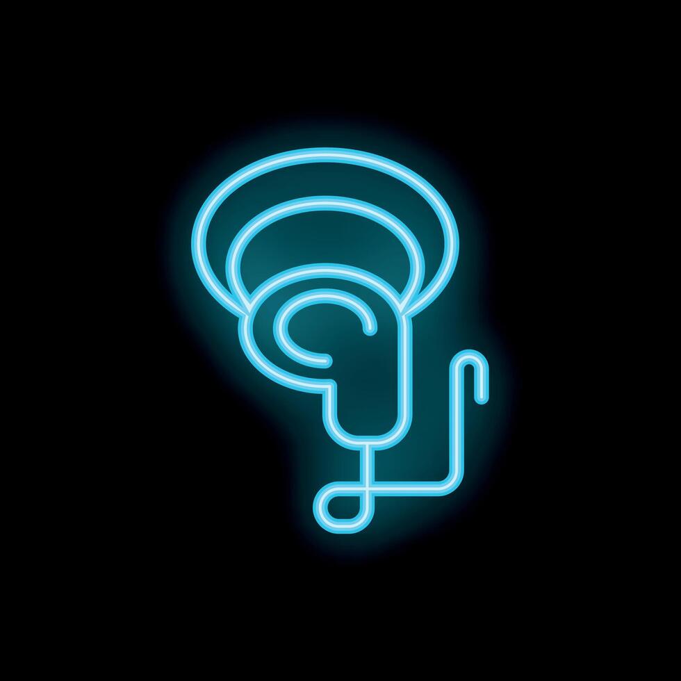 Neon icon of wireless earbuds connecting to signal on black background vector