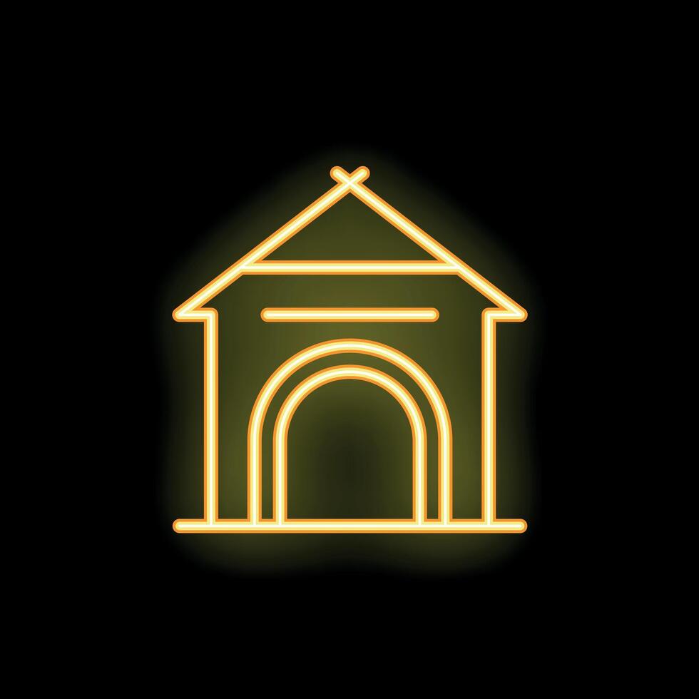 Neon icon of wooden doghouse glowing yellow on black background vector