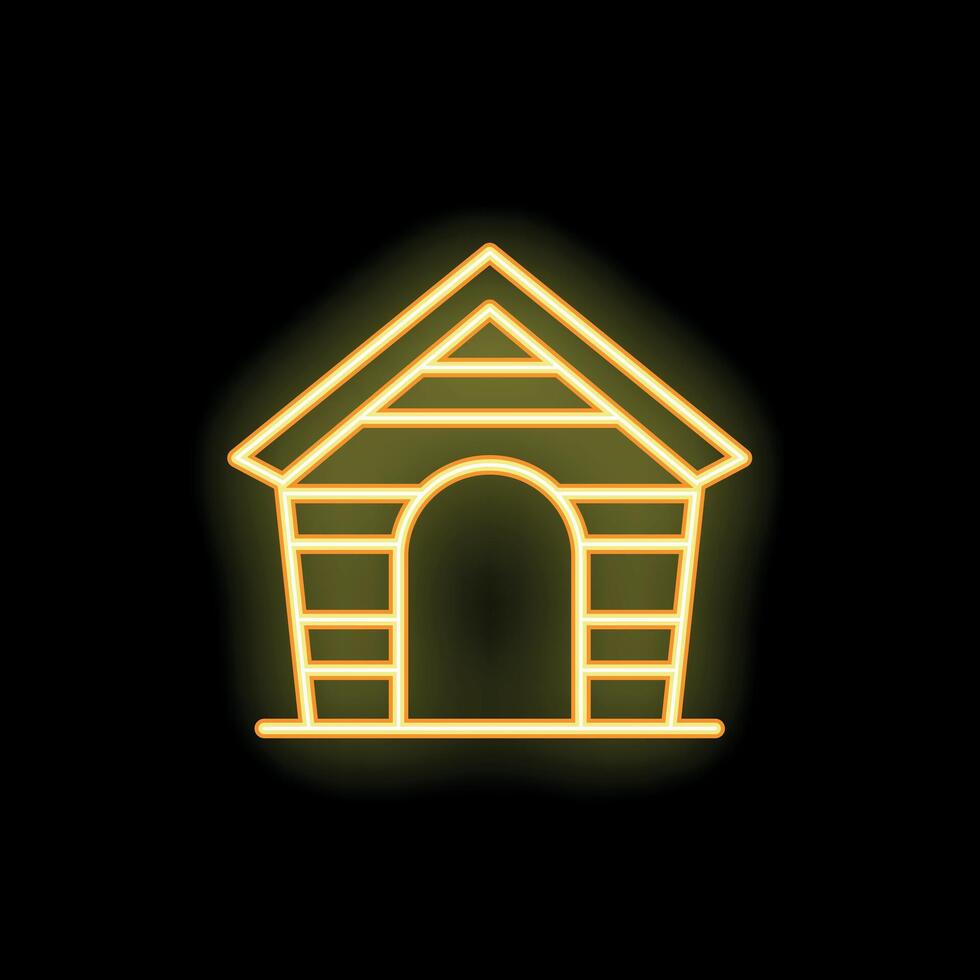 Yellow neon sign of wooden doghouse shining on black background vector