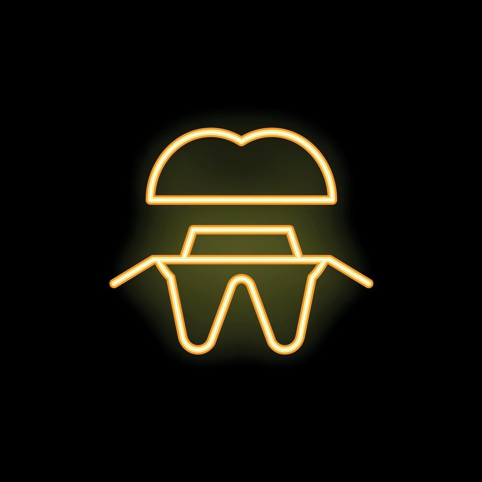 Neon icon of dental crown being placed on a damaged tooth vector