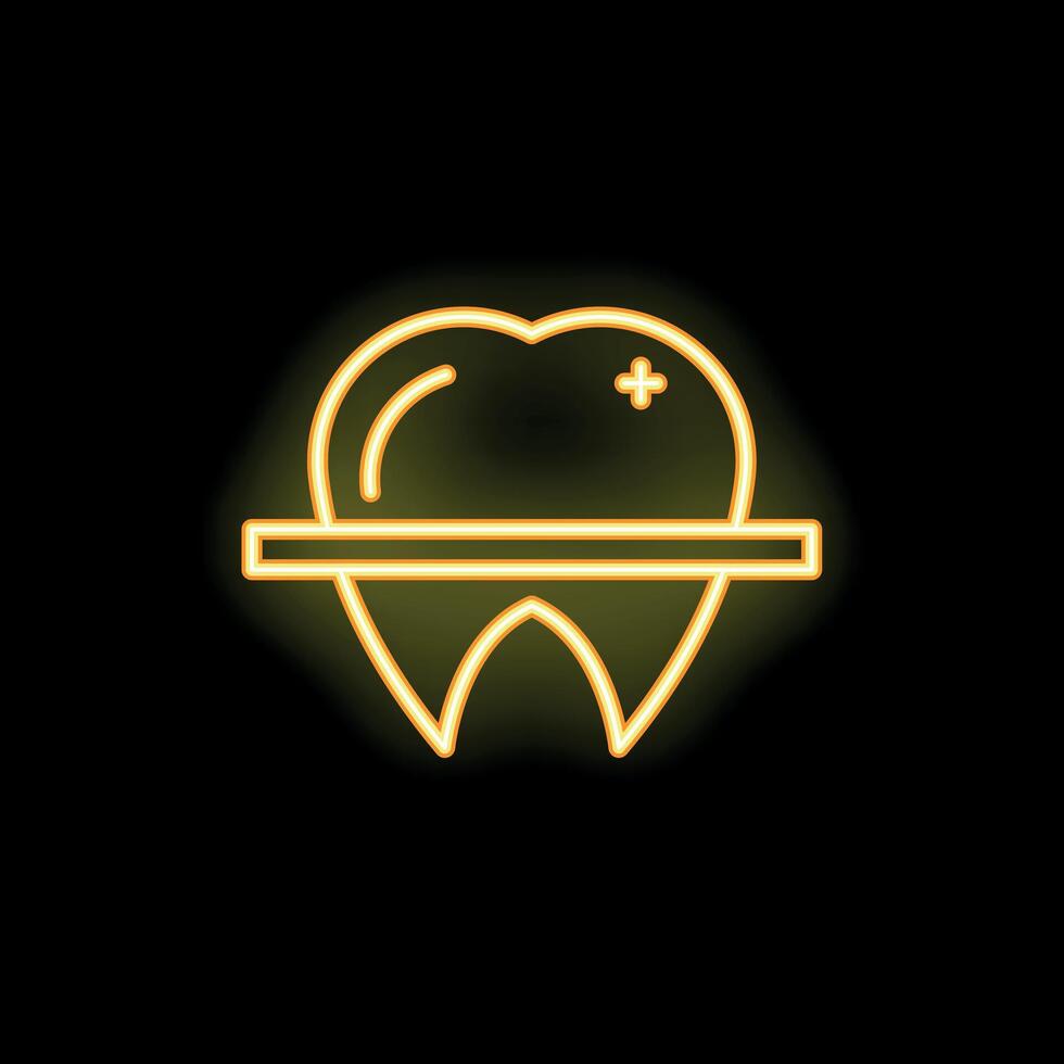 Neon yellow healthy tooth with plus sign glowing on black background vector