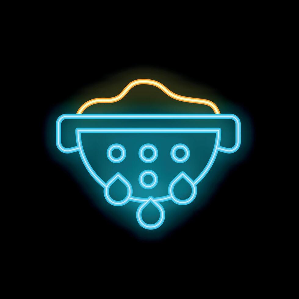Neon icon of colander straining water from food on black background vector