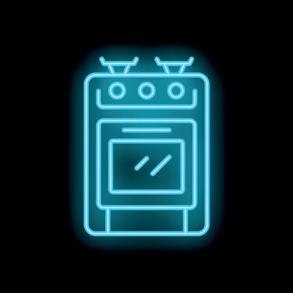 Glowing neon icon of stove with oven and four burners on black background vector